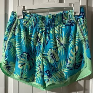 GIRLS-ATHLETIC WORKS Shorts- Blue & Light Green with Tropical Plant Print.